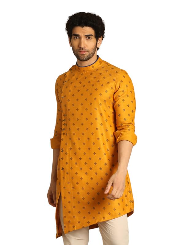 Manyavar Mens Kurta Only, Ethnic Kurta for Men, Full Sleeves Mandarin Collar All Over Boota Blended Viscose Kurta Only (Mustard)