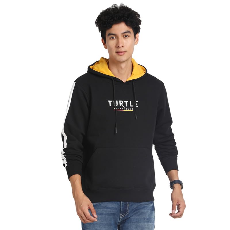 Turtle Men Cotton Stretch Black Plain Regular Fit Full Sleeve Casual Hooded Sweatshirt