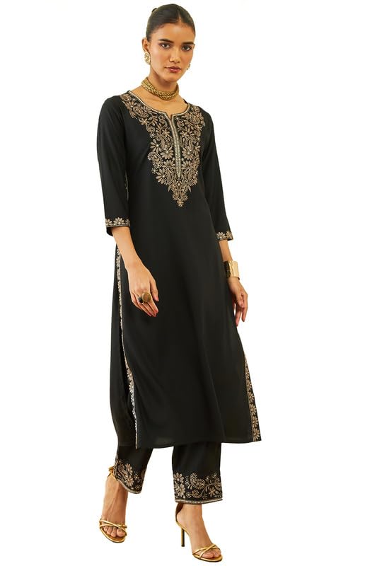 Soch Women Rayon Floral and Paisley Embroidered Straight Kurta Sets