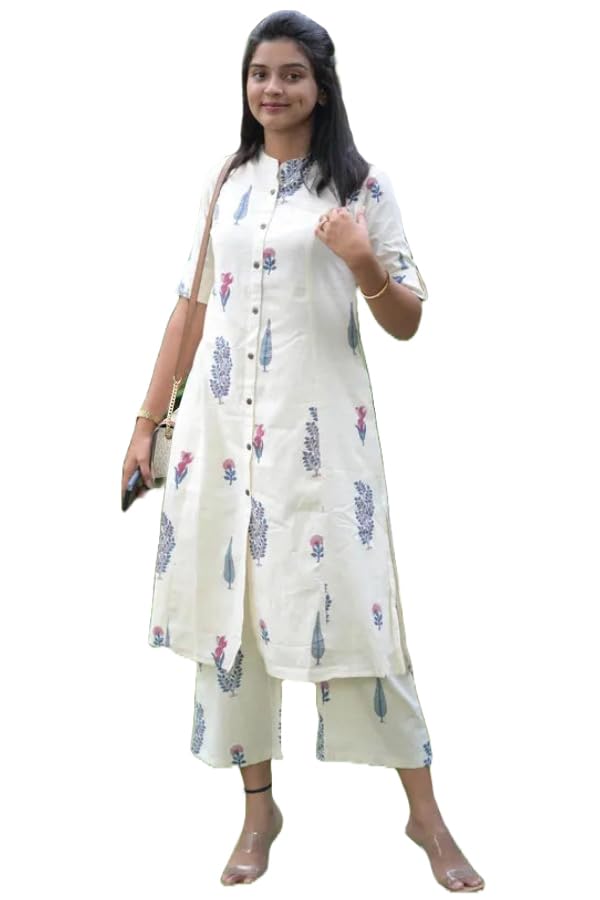 ANNI DESIGNER Womens Rayon Viscose Straight Printed Kurta with Pant (Barkat Cream_L_Cream_Large)