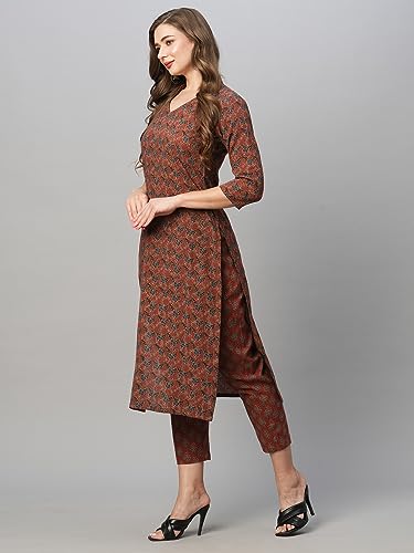 ANNI DESIGNER Womens Cotton Blend Straight Printed Kurta with Pant Set (Swami-Maroon_M_Maroon_Medium)