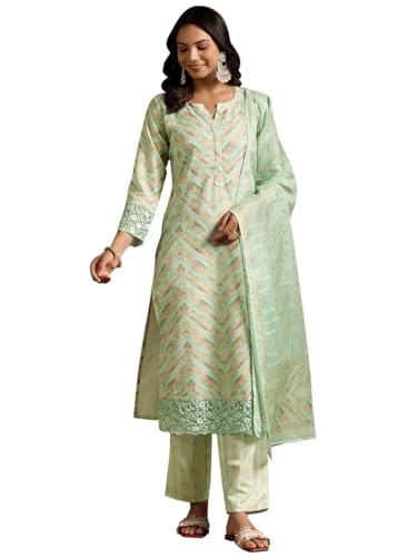 Libas Womens Embroidered Cotton Blend Straight Kurta With Palazzos And Dupatta