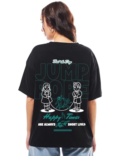 Bewakoof Official Squid Game Merchandise Womens Graphic Print Oversized Fit Half Sleeve Round Neck Cotton T-Shirt_683812_Black_