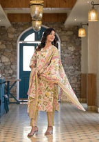 ANNI DESIGNER Womens Cotton Blend Printed Straight Kurta with Pant & Dupatta (Kumud Cream-NW_S_Cream_Small)