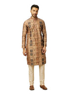 Manyavar Fawn Art Silk Digital Print | Embroidery Kurta Pyjama Set