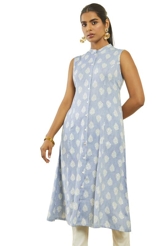 Soch Womens Blue Rayon Printed Straight Kurta with Princess Seam
