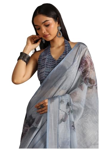 Soch Women Linen Floral Print Saree with Sequins