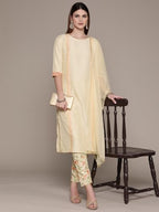 Ziyaa Women'S Cream Chinon Kurta,Pant Set With Dupatta (Ziskdch4081-Rl)