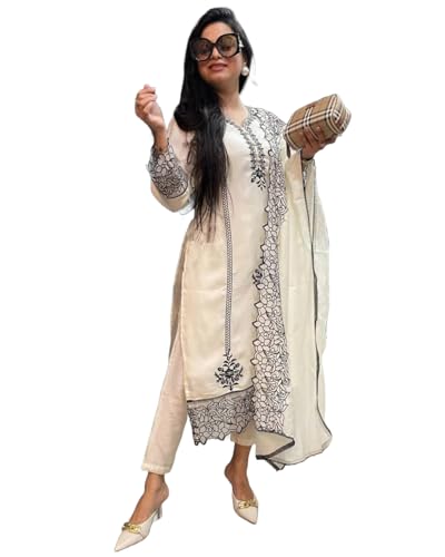 ANNI DESIGNER Womens Rayon Blend Straight Embroidered Kurta with Pant & Dupatta (TRP Off-White-NM_5XL_White_XXXXX-Large)