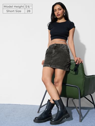 The Souled Store Denim Skirt: Raven Black Women and Girls Button Closure Solid Cotton Mini Denim Skirts