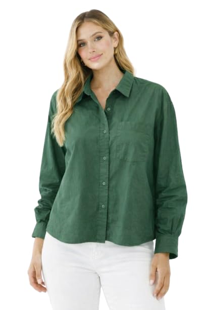 Nobarr WomenS Dark Green Cotton Loose Fit Shirt With Pocket  Casual Plus Size Style 7