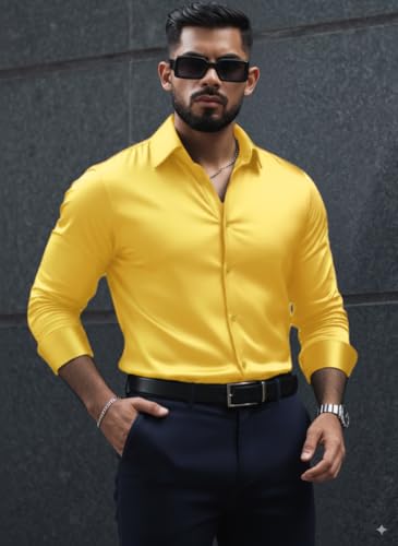 Indoprimo MenS Stylish Solid Satin Casual Shirt For Men Full Sleeve Yellow