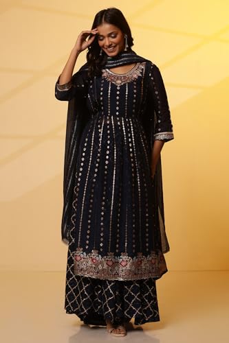 Aurelia Women Blue Floral Print Viscose Kurta Set With Palazzos & Dupatta
