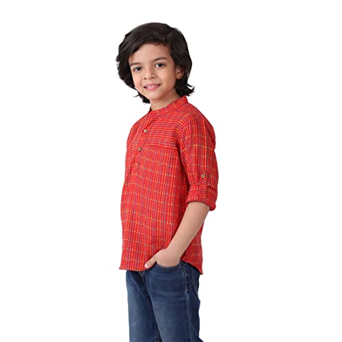 Fabindia Kids Chinese Collar Short Kurta Cotton_Red