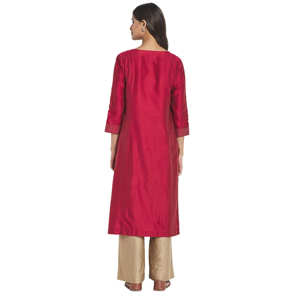 Fabindia Women Cotton Silk Embroidered Long Kurta Red