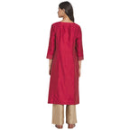 Fabindia Women Cotton Silk Embroidered Long Kurta Red