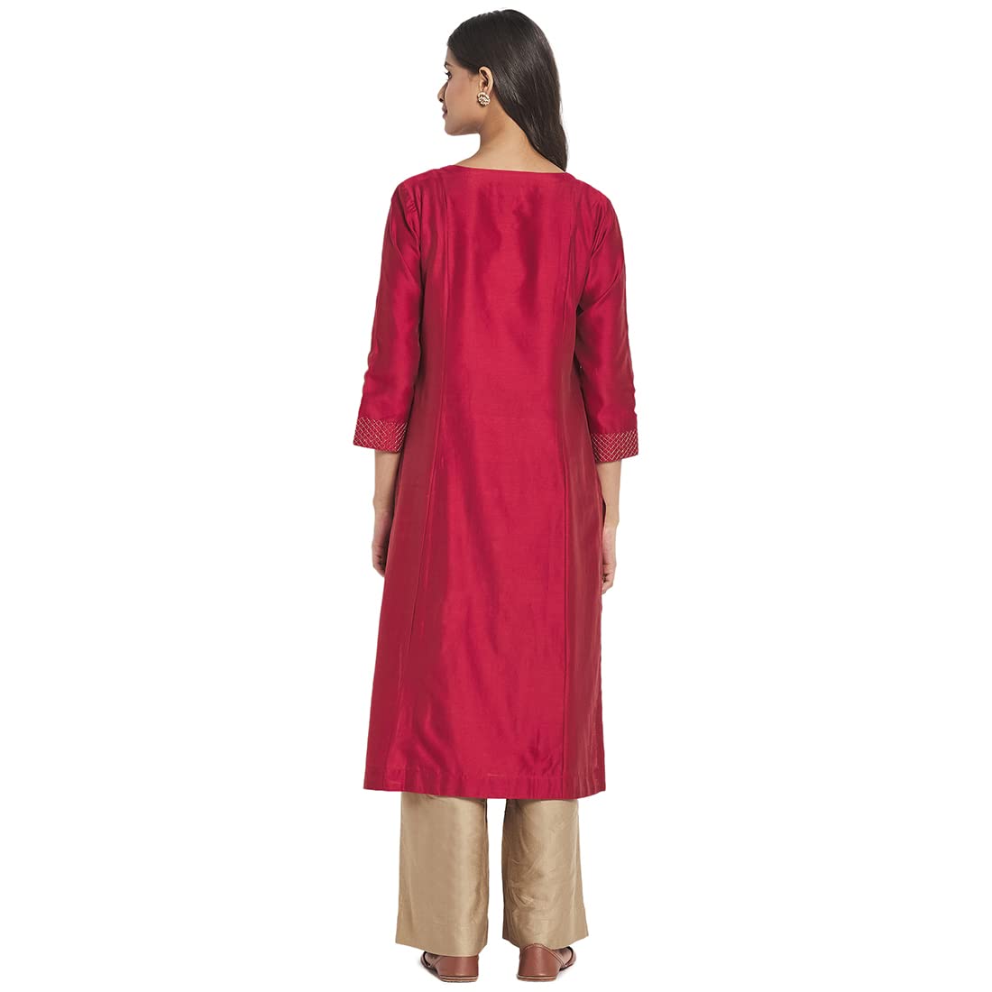 Fabindia Women Cotton Silk Embroidered Long Kurta Red