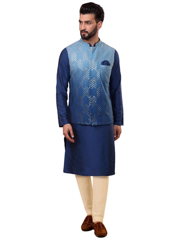 Kisah MenS Kurta Jacket Trouser Set, Navy Blue Cotton Blend, Embroidered Regular Fit Mandarin Collar Long Sleeves (40)