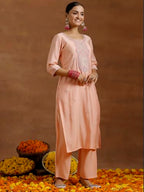 Libas WomenS Silk Blend Kurta Sets (Gs923_Peach