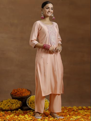 Libas WomenS Silk Blend Kurta Sets (Gs923_Peach