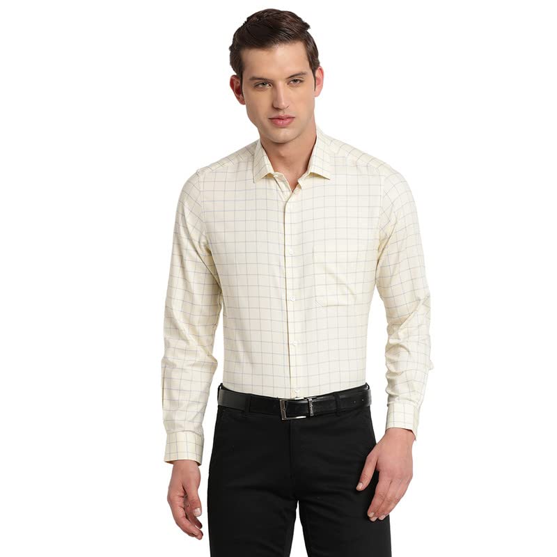 Turtle Men Pure Cotton Checked Slim Fit Formal Shirts Yellow