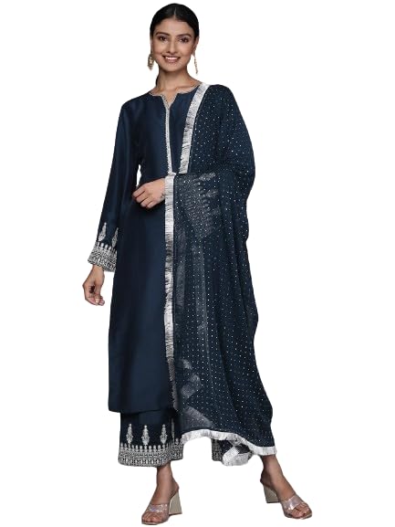 Varanga Women Navy Blue Embroidered Straight Kurta Paired With Tonal Bottom And Dotted Dupatta With Four Sided Fringes