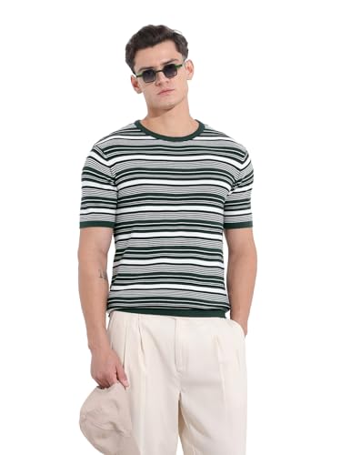 The Indian Garage Co Mens Slim Fit Textured Half Sleeves Crew Neck Flat Knit T-Shirt