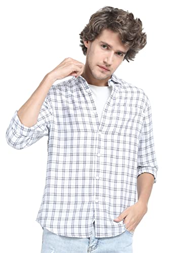 Ketch Polyester MenS Letter Print Straight Fit Regular Fit Shirt (Khsh000639_White/Navy Blue Small)