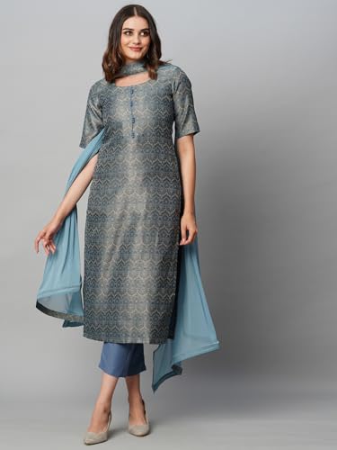ANNI DESIGNER Womens Cotton Blend Straight Printed Kurta with Pant & Dupatta (Luis Firoji_XL_Blue_X-Large)