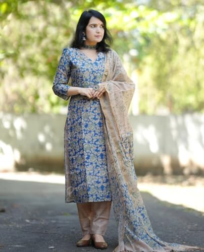 ANNI DESIGNER Womens Cotton Blend Printed Straight Kurta with Pant & Dupatta (Moringa Blue-JL_XL_Blue_X-Large)