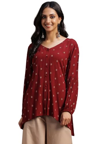 Libas Womens Woven Design Rayon A-Line Kurti For Women Maroon