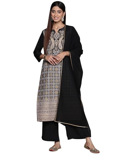 Ziyaa Women'S Black Crepe Straight Kurta, Palazzo And Dupatta Set (Ziskdcr4105-Xxl