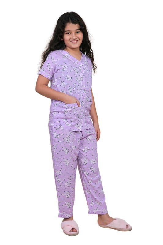 Tweeny Mini Pure Rayon Night Dress for Kids Girls | Floral Print Nightsuit Half Sleeve Shirt with Pyjama (Lavender, 1314 Years) 13-14