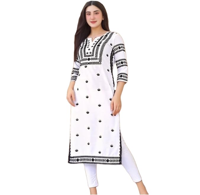 ANNI DESIGNER Short embroidered straight Chikankari rayon viscose woman, white, 40