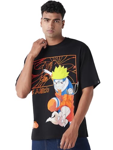 Bewakoof Official Naruto Merchandise Mens Graphic Print Oversized Fit Half Sleeve Round Neck Cotton T-Shirt_649986_Black_S