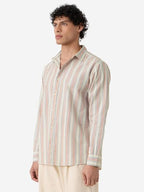 The Souled Store Seaside Stripes Men and Boys Long Sleeves Collared Neck Button Front Beige Regular Fit Cotton Linen Shirts