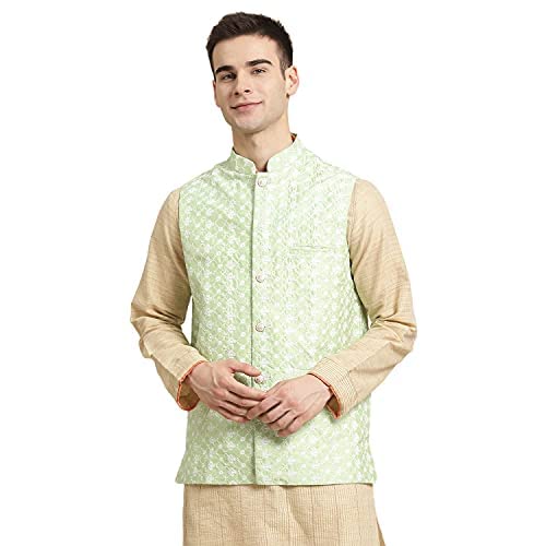 SOJANYA (Since 1958, Mens Silk Blend Light Green Embroidered ONLY Nehrujacket, Size: 38