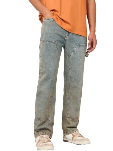 Bewakoof MenS Washed Straight Fit Pure Cotton Carpenter Jeans_684699_Blue_34