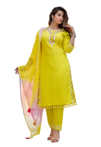 Digital Shopee Women Kurti Pant Set With Dupatta Yellow Medium