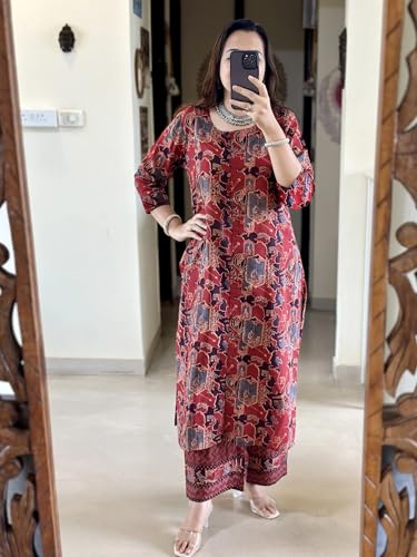 ANNI DESIGNER Womens Rayon Viscose Straight Printed Kurta with Pant (Palhar Red_XXL_Red_XX-Large)