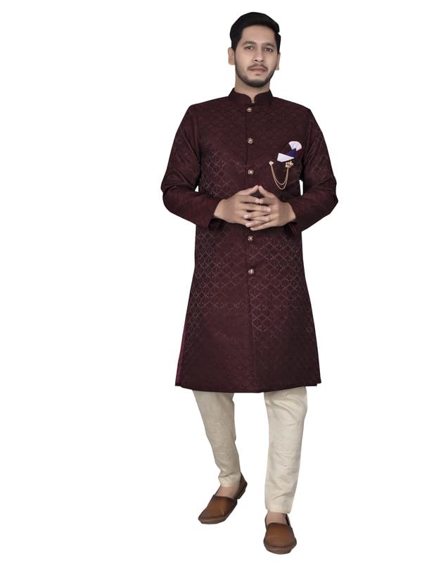 Ethzy MenS Coffe Jacquard Casual Regular Full Sleeve Indo Western With Pajama Set  Traditional And Trendy
