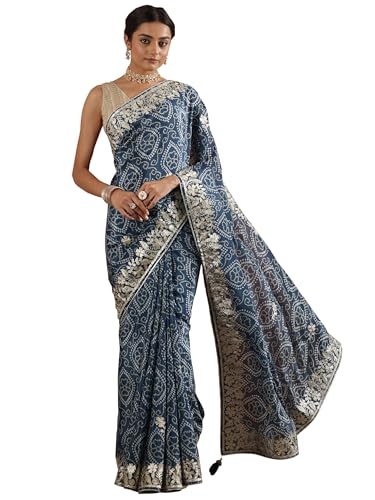 Blue Bandhani Printed Chinon Saree With Unstitched Blouse Piece
