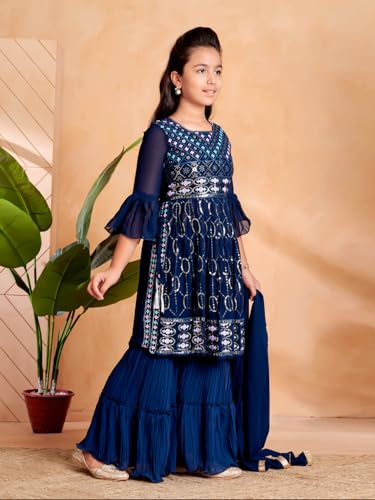 Aarika Girls Ethnic Wear Teal Blue Colour Sequin Thread Embroidery Kurti Sharara Set With Dupatta-(5-11 Years)-(SH-MC-1644-T-BLU