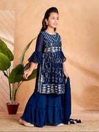 Aarika Girls Ethnic Wear Teal Blue Colour Sequin Thread Embroidery Kurti Sharara Set With Dupatta-(5-11 Years)-(SH-MC-1644-T-BLU