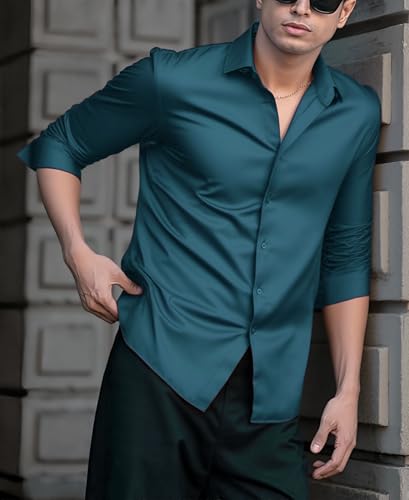 Indoprimo MenS Casual Button Down Long Sleeve Satin Plain Shirt Rama