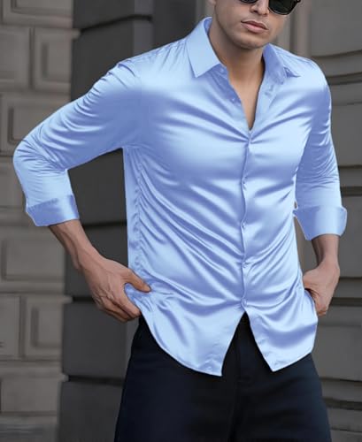 Indoprimo MenS Casual Button Down Long Sleeve Satin Plain Shirt Sky