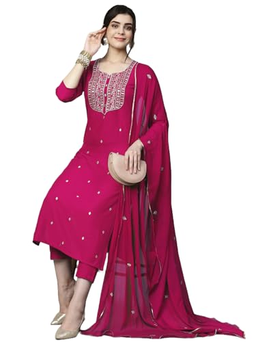 ANNI DESIGNER Womens Cotton Blend Embroidered Straight Kurta with Pant & Dupatta (Kasturi Pink-APL_XXL_Pink_XX-Large)