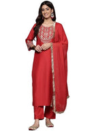 Varanga Women Red Zari Embroidered Kurta With Bottom And Dupatta