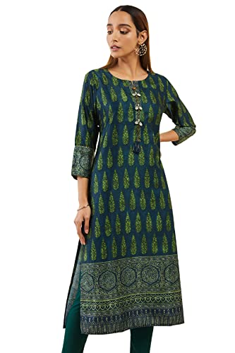 Soch Womens Navy Blue Satin Printed Kurta With Cowrie Shells And Gota Patti