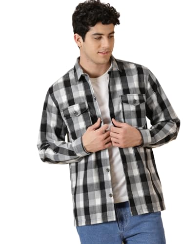 Thomas Scott Men Black Classic Tartan Checked Spread Collar Long Sleeves Shacket (Black, L)